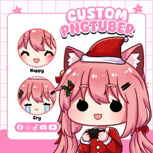 Christmas-themed custom chibi PNGTuber avatar illustration with long pink hair, holly hair clips, and a festive red Santa-style outfit, featuring happy and crying expression states. This seasonal example of a custom anime-style streaming avatar commission is ideal for creators wanting a limited-edition holiday look for their Twitch, YouTube, or Discord profile during the winter streaming season.