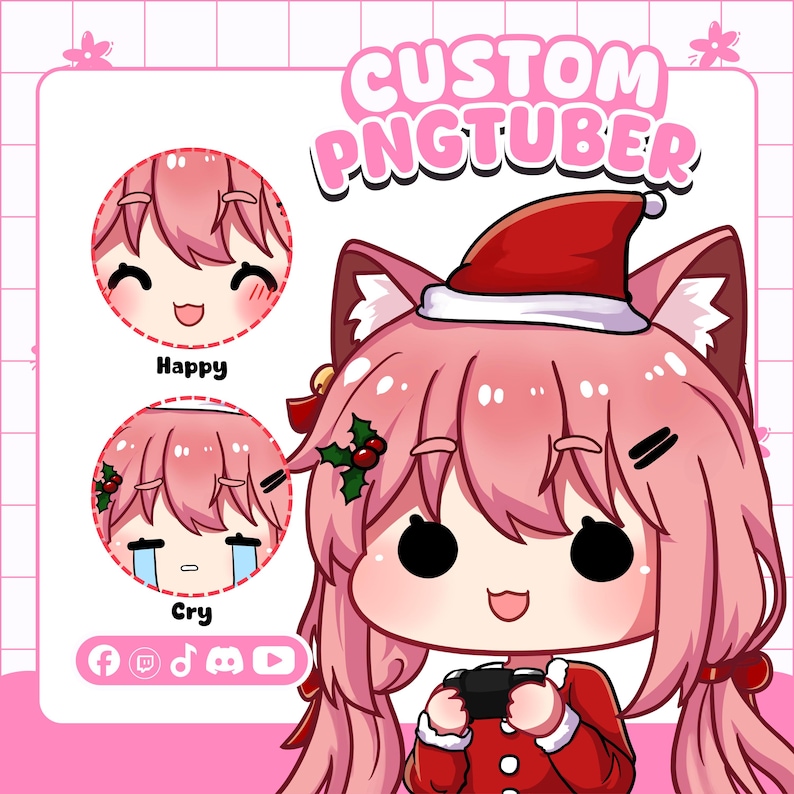 Christmas-themed custom chibi PNGTuber avatar illustration with long pink hair, holly hair clips, and a festive red Santa-style outfit, featuring happy and crying expression states. This seasonal example of a custom anime-style streaming avatar commission is ideal for creators wanting a limited-edition holiday look for their Twitch, YouTube, or Discord profile during the winter streaming season.