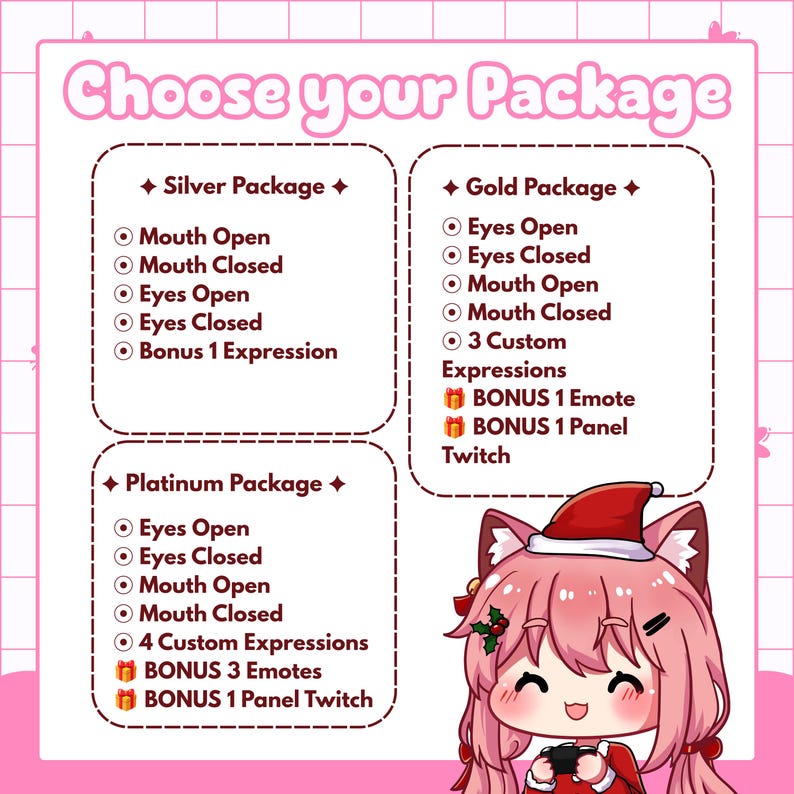 Package comparison chart for custom PNGTuber commissions, detailing Silver, Gold, and Platinum tiers including mouth open/closed states, eyes open/closed states, number of custom expressions, and bonus emotes included. This pricing guide helps streamers choose the right package based on budget and desired avatar features.