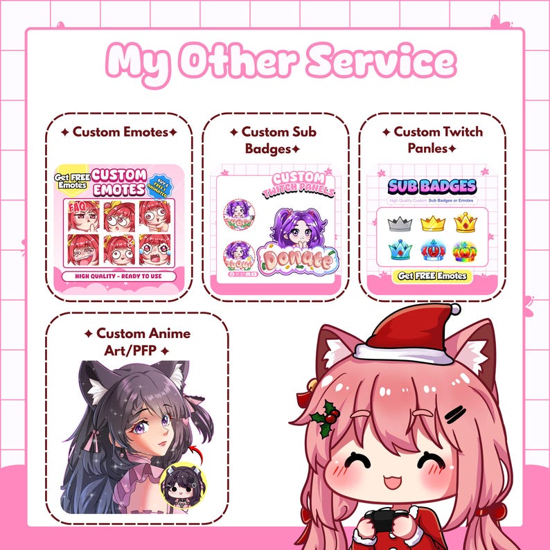 Overview graphic of additional streaming graphic design services offered alongside custom PNGTuber commissions, including custom Twitch and Discord emotes, sub badges, stream panels, and custom anime-style character art or profile picture commissions for content creators building a full stream branding package.