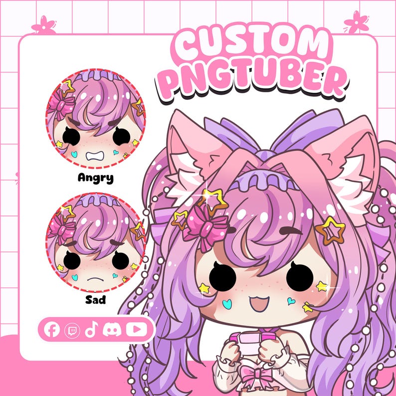 Twin catgirl PNGTuber avatars illustrated in matching pink and purple color schemes with sparkly cat ear and hair accessories, both featuring angry and sad expression states. This custom commission example is ideal for streamers wanting duo avatars, matching PNGTuber designs for collaborative streams, or content creators building a coordinated visual brand with a partner or co-host.