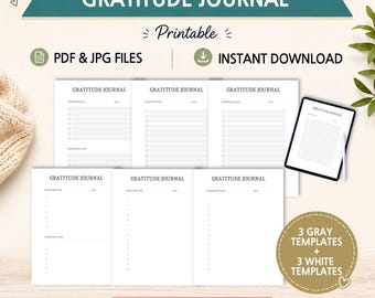 以下が含まれることがあります： PDFおよびJPGファイル形式のデジタル感謝日記テンプレートセット。即時ダウンロード可能。A4、A5、USレターサイズのグレーとホワイトのテンプレートが各3種類含まれています。各ページには感謝の気持ちやタスクを記入するセクションが設けられています。