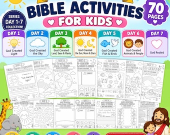 創造の7日間の聖書アクティビティセット、子供向け印刷可能な聖書ワークシート70枚、キリスト教ホームスクール＆日曜学校向けPDFパック