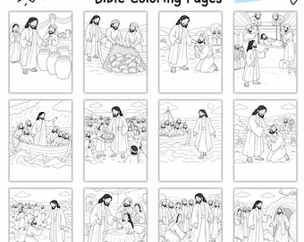 May include: A collection of 12 black and white coloring pages titled 12 Jesus Miracles Bible Coloring Pages for Kids Ages 4-6. Each page features a line art illustration depicting a different biblical miracle performed by Jesus with various figures.