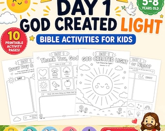 以下が含まれることがあります： 5歳から8歳の子供向けの印刷可能な聖書アクティビティページ10枚セット。タイトルは「7 Days of Creation Day 1 God Created Light」。太陽、雲、様々なアイコンが描かれた白黒の線画で、塗り絵や描画の課題が含まれています。