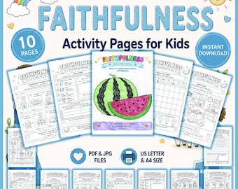 以下が含まれることがあります： Fruit of the Spirit Faithfulnessと題された、子供向けの印刷可能なアクティビティページ10枚のデジタルコレクション。塗り絵、目標設定チャート、スイカや子供のイラストが描かれた言葉遊びなどが含まれています。