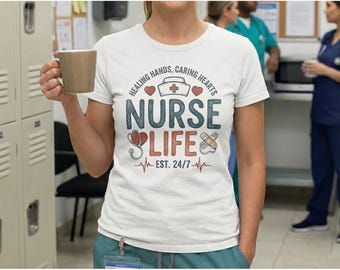 Nurse Life SVG PNG. Healing Hands Caring Hearts. Nursing Student Gift Design.
