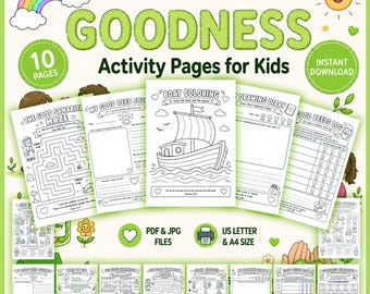 以下が含まれることがあります： Fruit of the Spirit Goodnessと題された、子供向けの印刷可能なアクティビティページ10枚のデジタルコレクション。塗り絵、迷路、お絵かき日記、善行記録などが含まれており、白黒の線画イラストで構成されています。