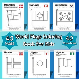 Welt-Flaggen Malbuch für Kinder, 40 Länder Geographie Aktivität (PDF-Download)