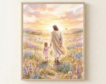 Jesus Walking with Little Girl Watercolor Art, Following Christ Print, Christian Nursery Decor, Religious Daughter Gift, Savior Hand in Hand