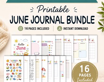 以下が含まれることがあります： 16枚の印刷可能なジャーナルページセット。夏用ステッカー付きの「June Journal Bundle」が含まれています。ページには、気分トラッカー、毎日のハイライト、メモスペースがあります。A4、A5、USレターサイズで利用できます。