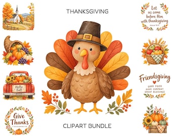 May include: A Thanksgiving clipart bundle featuring a central turkey wearing a pilgrim hat, surrounded by illustrations of a church, a cornucopia, a red truck with pumpkins, a basket of produce, and text including Give Thanks and Friendsgiving.