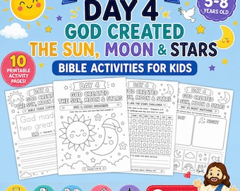 以下が含まれることがあります： 5歳から8歳の子供向けの印刷可能な聖書アクティビティページ10枚セット。タイトルは「7 Days of Creation Day 4 God Created the Sun, Moon & Stars」。白黒の線画で構成されており、塗り絵や書き込み練習ができるようになっています。