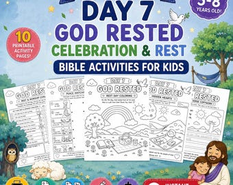 7日目 神は休息された 子供向け聖書アクティビティ 印刷可能、7日間の創造ワークシート、キリスト教日曜学校、ホームスクール PDF、休息と礼拝