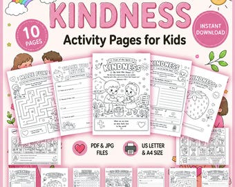 以下が含まれることがあります： 子供向けの「Fruit of the Spirit Kindness」アクティビティページ10枚のデジタルコレクション。白黒の塗り絵、迷路、お礼状、日記が含まれており、子供、イチゴ、虹のイラストが描かれています。