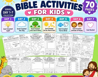 May include: A 70-page digital activity set titled 7 Days of Creation Bible Activities for Kids. The collection includes colorful headers for days 1-7, black and white printable worksheets featuring illustrations of light, sky, land, sun, moon, stars, fish, birds, animals, and people, plus a cartoon giraffe, elephant, and a figure in a robe.