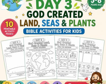 以下が含まれることがあります： 5歳から8歳の子供向けの聖書アクティビティページ10枚セット。テーマは「7 Days of Creation Day 3 God Created Land, Seas & Plants」。塗り絵、文章作成、分類アクティビティが含まれており、A4サイズで印刷可能です。