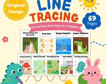 May include: A My First Line Tracing activity book for toddlers with 69 pages. The cover features a yellow sun, a blue cloud, and various colorful illustrations of animals like a green dinosaur and a pink bunny. Several activity pages are displayed.