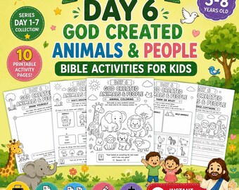 以下が含まれることがあります： 5歳から8歳の子供向けの印刷可能な聖書アクティビティページ10枚セット。タイトルは「7 Days of Creation Day 6 God Created Animals & People」。ページには、塗り絵や描画、書き込みができる動物や人々の白黒の線画が含まれています。