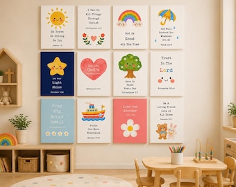 May include: A set of twelve rectangular wall art prints featuring colorful illustrations of a sun, rainbow, umbrella, star, heart, tree, boat, flower, and animals with inspirational religious text printed in black, blue, red, and green ink.