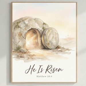 Może przedstawiać: Akwarela przedstawiająca pusty grób z dużym odwalonym kamieniem. Tekst "He Is Risen" i "Matthew 28:6" są napisane kursywą. Grafika ma ciepłą, ziemistą paletę kolorów.