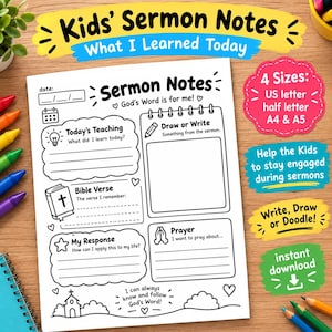 以下が含まれることがあります： 子供向けの説教ノート用ワークシート。今日の教え、聖句、応答、描画、祈りのセクションがあります。聖書、電球、祈る手のアイコンが描かれており、4 Sizes: US letter, half letter, A4 & A5というテキストが含まれています。