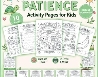 以下が含まれることがあります： 「Fruit of the Spirit Patience」と題された、子供向けの印刷可能なアクティビティページ10枚のデジタルコレクション。ページには、ガーデニングをする子供、迷路、なぞり書き練習、聖書の一節などの白黒の線画イラストが含まれています。