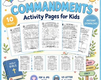 May include: A set of ten printable activity pages for kids titled The Ten Commandments, featuring black and white line art illustrations, religious themes, and text. Includes a blue Holy Bible, a rainbow, a sun, and a wooden signpost.
