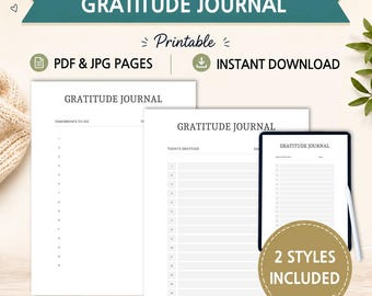 以下が含まれることがあります： A4、A5、USレターサイズの印刷可能な感謝日記セット。PDFおよびJPG形式で、2つの異なるレイアウトスタイルが含まれています。1ページには明日のやることリスト、もう1ページには毎日の感謝を記録するためのログが記載されています。