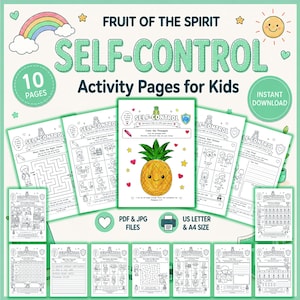 May include: A digital activity set titled Fruit of the Spirit Self-Control Activity Pages for Kids, featuring 10 printable pages in PDF and JPG formats. The collection includes mazes, coloring sheets with a pineapple, and writing exercises.