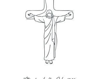 May include: A black and white line art illustration depicting a figure with arms outstretched against a cross. Below the figure, the text reads: "It is finished." - John 19:30. The design uses simple, clean lines to form the silhouette.