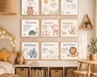 May include: A set of nine square wall art prints featuring pastel illustrations of animals and biblical virtues including Love, Joy, Peace, Patience, Kindness, Goodness, Faithfulness, Gentleness, and Self-Control, each with a corresponding verse.