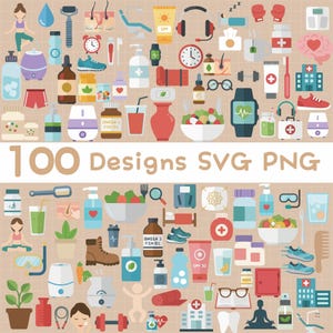 May include: A collection of 100 SVG and PNG designs featuring health and wellness icons. The illustrations include fitness equipment, skincare products, medical symbols, and healthy food. The text "100 Designs SVG PNG" is displayed prominently.