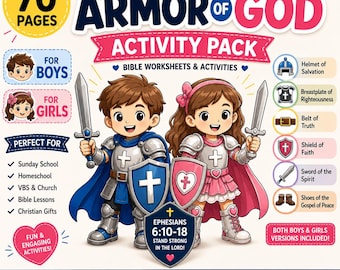 May include: A 70-page Armor of God activity pack featuring Bible worksheets and activities. The cover displays two cartoon children in knight armor with swords and shields, alongside text listing the Helmet of Salvation and other gear.