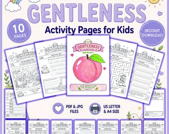 以下が含まれることがあります： Fruit of the Spirit Gentlenessというタイトルの子供向け印刷可能なアクティビティページ10枚のデジタルコレクション。各ページには、白黒の線画、迷路、ライティング練習、そして中央に色付きの桃のイラストとGentlenessという文字が描かれています。