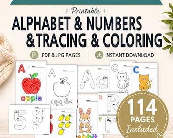 以下が含まれることがあります： アルファベットと数字のなぞり書きや塗り絵ができる114ページの学習用プリント集。リンゴ、猫、ウサギのイラストが描かれており、A4 & US letter sizes includedというテキストが含まれています。