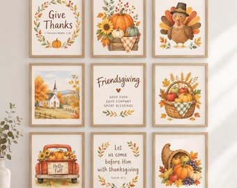 May include: A set of nine framed wall art prints featuring autumn themes including pumpkins, a turkey, a church, a harvest basket, and a truck. The prints contain text such as Give Thanks, Friendsgiving, and Let us come before Him with thanksgiving.