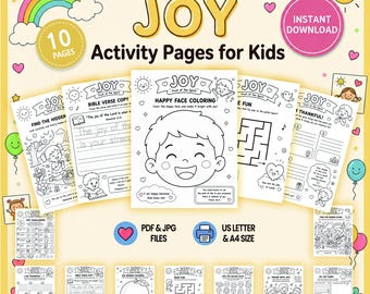 以下が含まれることがあります： 子供向けのFruit of the Spirit Joyアクティビティページ10枚のデジタルコレクション。白黒の塗り絵、迷路、書き込み練習が含まれています。ページにはJoy、Happy Face Coloring、Bible Verse Copyなどのテキストが記載されています。