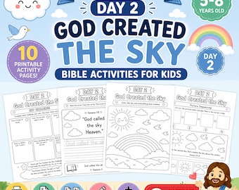 以下が含まれることがあります： 7 Days of Creation Day 2 God Created The Sky Bible Activities for Kidsというタイトルのデジタル印刷可能なアクティビティセット。雲、太陽、虹が描かれた塗り絵、なぞり書き練習、絵の並べ替えタスクを含む10ページで構成されています。