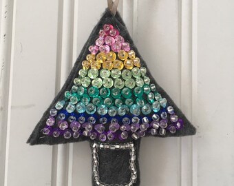 Festive Felt and Rainbow Sequins Christmas Tree Ornament in Dark Grey - Ornament - Holiday decoration Tree trim - Christmas - Pride decor