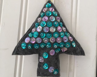 Felt and Teal Purple Sequins Christmas Tree Ornament in Dark Grey - Ornament - Holiday decoration Tree trim - 90s cup - Christmas -Trans