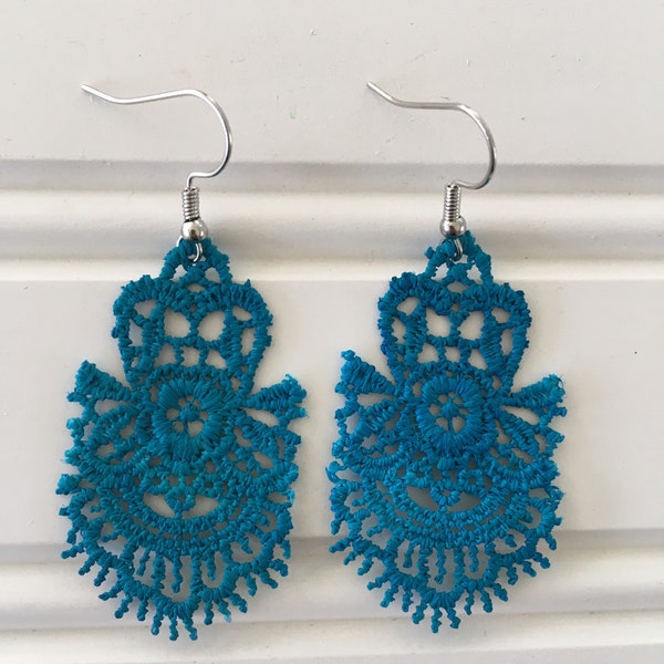 Lace Earrings in Teal Earrings - Boutique Earrings - Lightweight Earrings - wedding - gift - original design - hand painted- lace