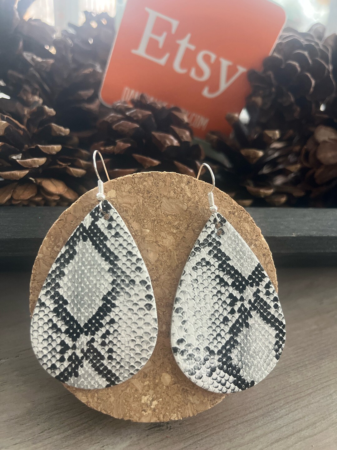 White Python Print Fabric Teardrop Earrings With Gold Finish Ear Wire ...