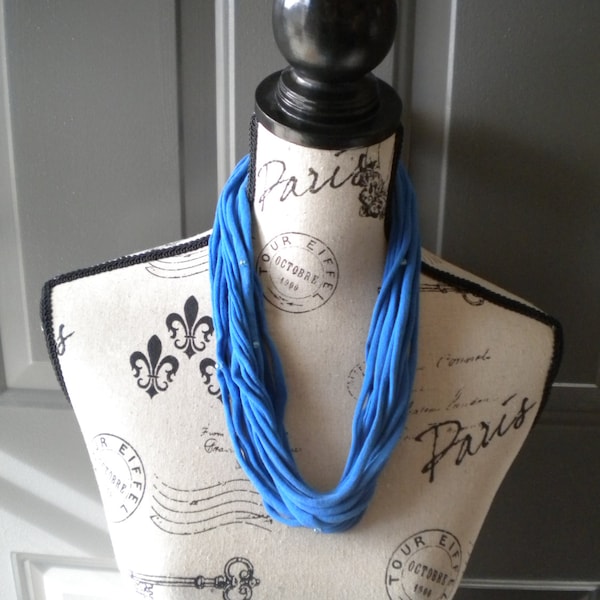 Jersey Scarf Necklace in Blue with Beads, Glass Beads - Scarf - Jersey Scarf - Up-cycled Necklace - T-shirt Scarf - Recycled T-Shirt - soft