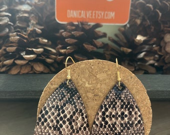 Desert Python Print Fabric Teardrop Earrings with gold finish ear wire hook  - 2.5 inches long - vegan - bohoSuper cute fabric