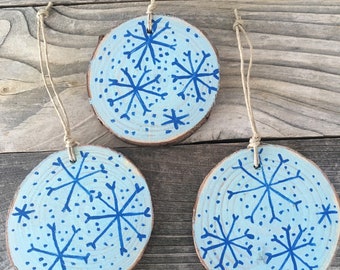 Cooling Set of Three Hand Painted Winter Snowflakes Wood Sliced Ornaments in Metallic Blue ornament set - Hoilday decoration - Christmas