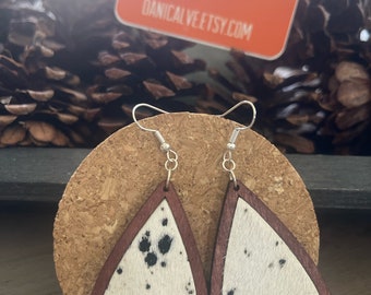 Pony Hair Speckled Black and White Cow Fabric and Wood Teardrop Earrings with silver finish ear wire hook  - 3 inches long - boho Super cute