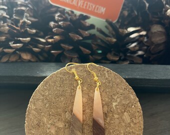 Long Teardrop Wood and Apricot Resin Earrings w gold finish ear wire hook  - 2.5 inches long - boho summer