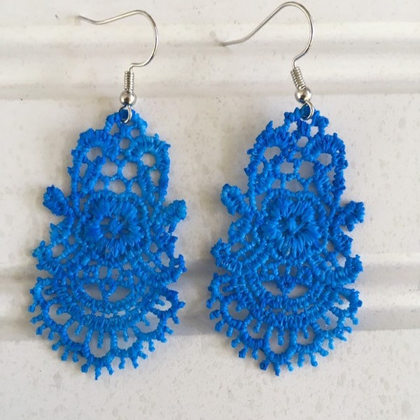 Lace Earrings in Electric Blue - Earrings - Boutique Earrings - Lightweight Earrings - wedding - gift - original design - hand painted -lace