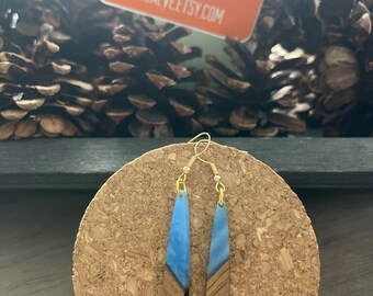 Long Teardrop Wood and Sky Blue Resin Earrings w gold finish ear wire hook  - 2.5 inches long - boho summer